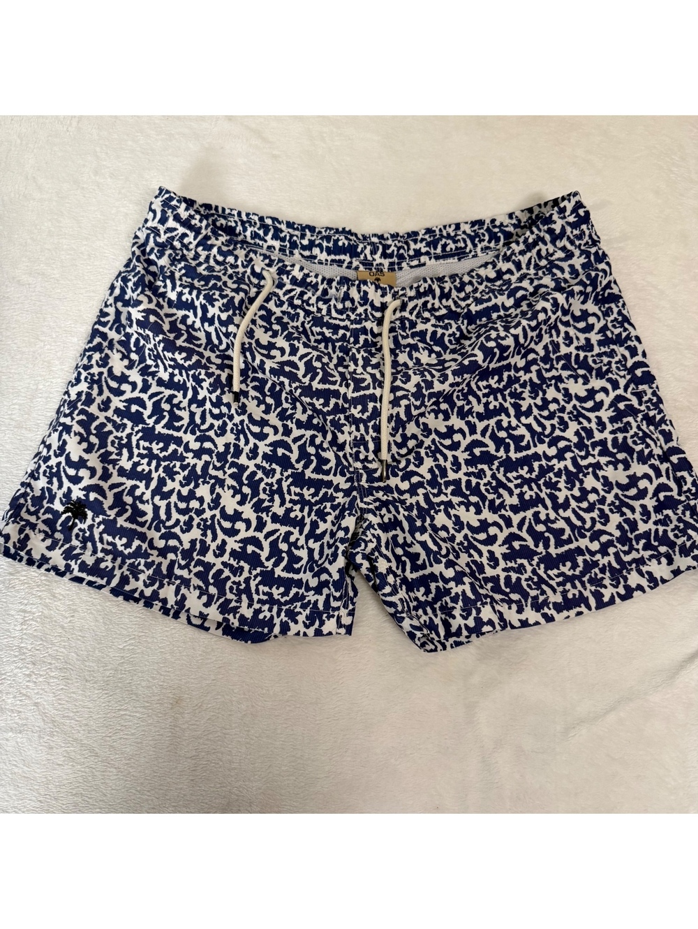 OAS Mens Swim Trunks Size L Blue White Print Drawstring Swim Shorts Sweden